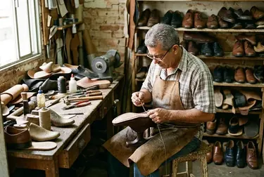 Sapateiro em Muriaé reformando um sapato social com cuidado e precisão.