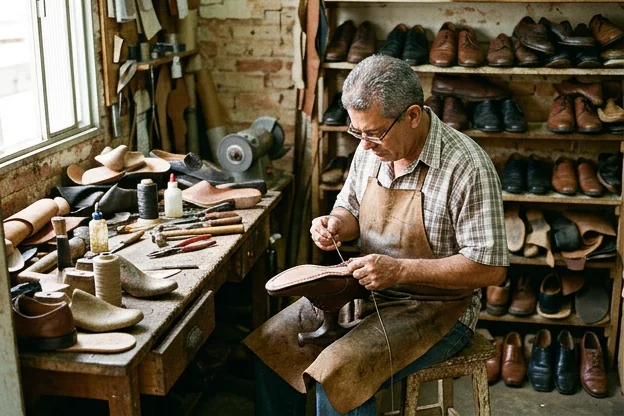 Sapateiro em Muriaé reformando um sapato social com cuidado e precisão.