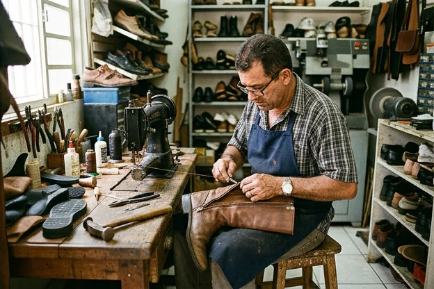 Sapateiro em Muriaé consertando o zíper de uma bota com ferramentas adequadas.