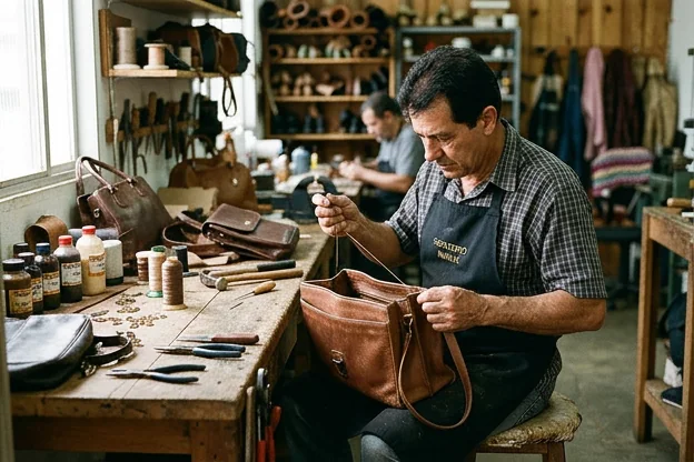 Sapateiro em Muriaé reformando uma bolsa de couro com cuidado.