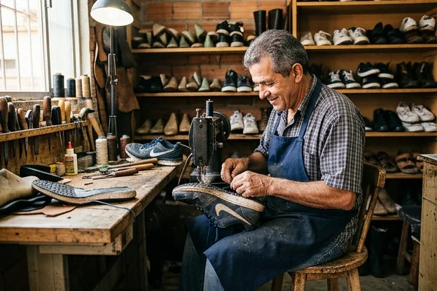 Sapateiro em Muriaé realizando reparo em um tênis com ferramentas apropriadas.